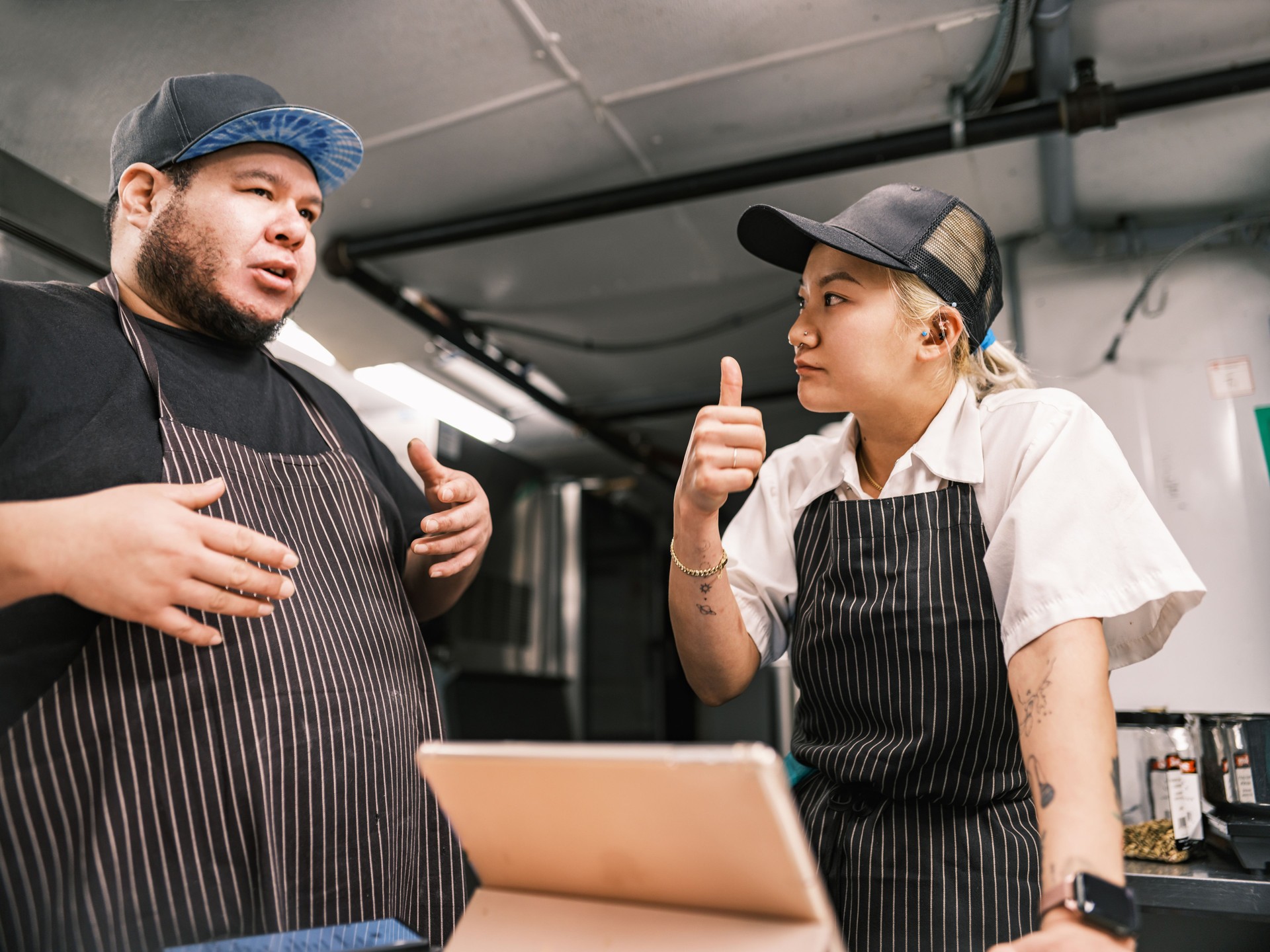 Two Young chefs working in restaurant kitchen